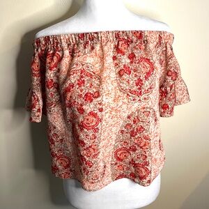 Madewell 100% Silk Red and Pink Floral Off-Shoulder Blouse